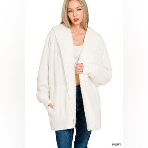 Zenana Ivory Hooded Faux Fur Jacket With Pockets